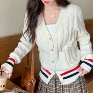 톰브라운 끝 삼선 꽈배기 니트 가디건
