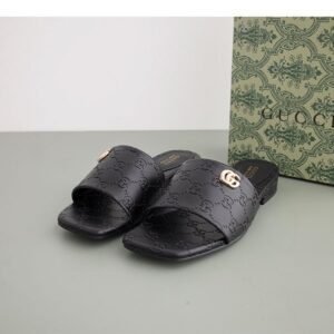 구찌 [GUCCI] 블랙 GG 레더 여성 더블 G 슬라이드 샌들