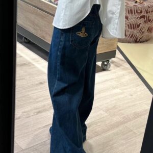 비비안 여성 포켓 자수 로고 하이웨스트 와이드 데님 팬츠