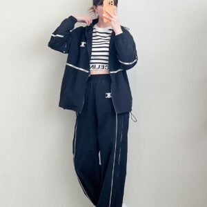 셀린느 여성 화이트 라인 테이프 윈드브레이커 자켓 & 투웨이 팬츠 셋