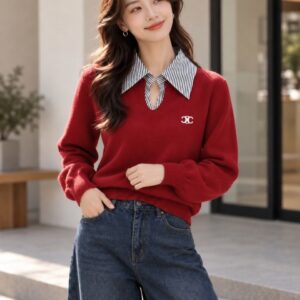 셀린느 스트라이프 배색 카라 니트