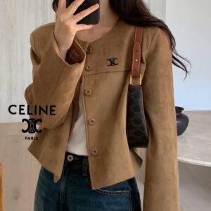 셀린느 자수로고 노카라 크롭 스웨이드 자켓