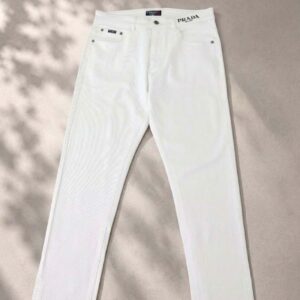 프라다 [PRADA] 블랙 로고 화이트 코튼 팬츠