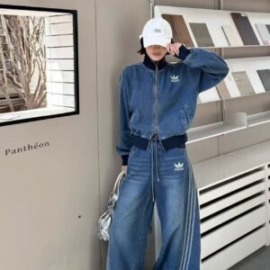 아디다스 불꽃 자수로고 시티집업 데님 와이드팬츠 세트
